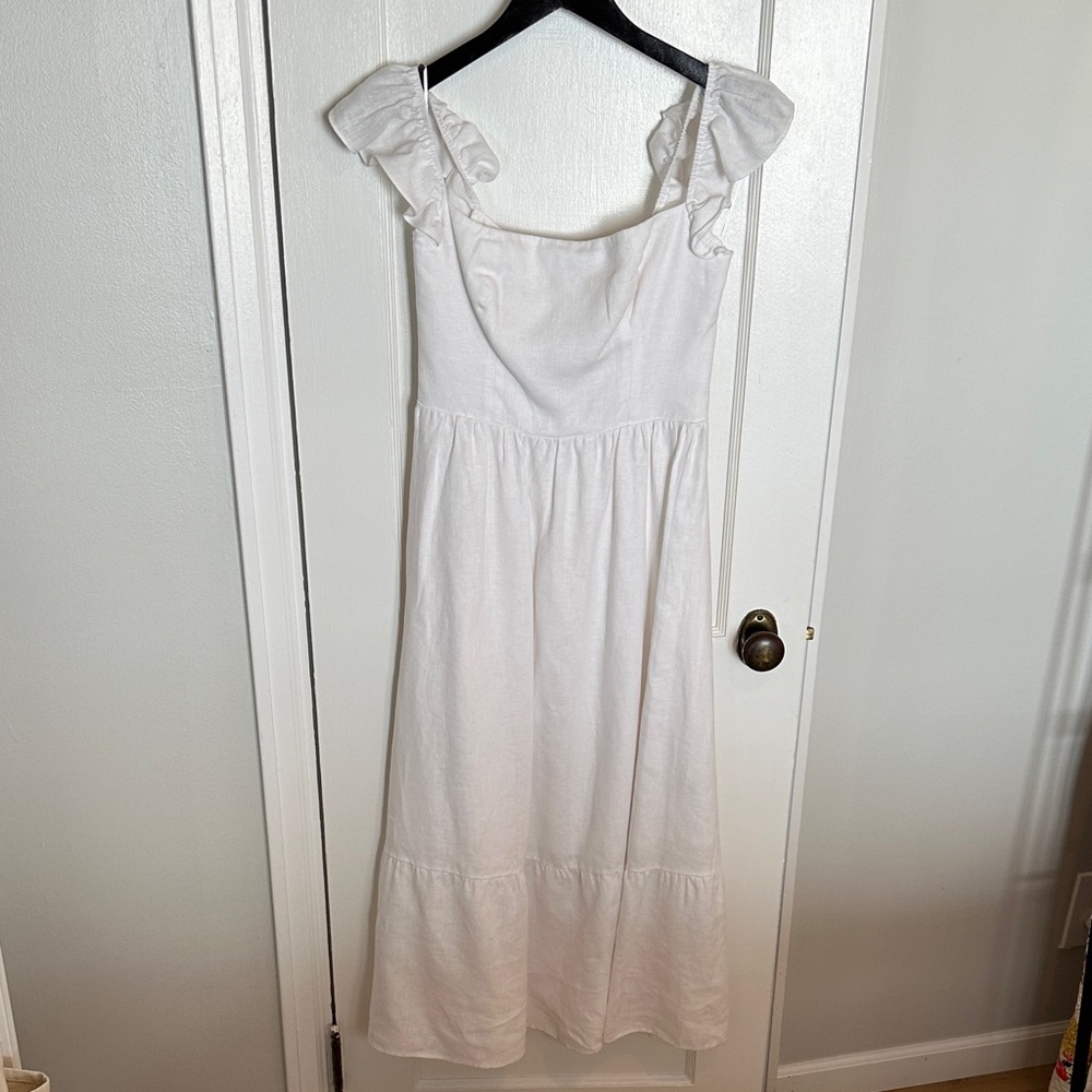 Reformation White Ruffle Sleeve linen Dress - White, 4